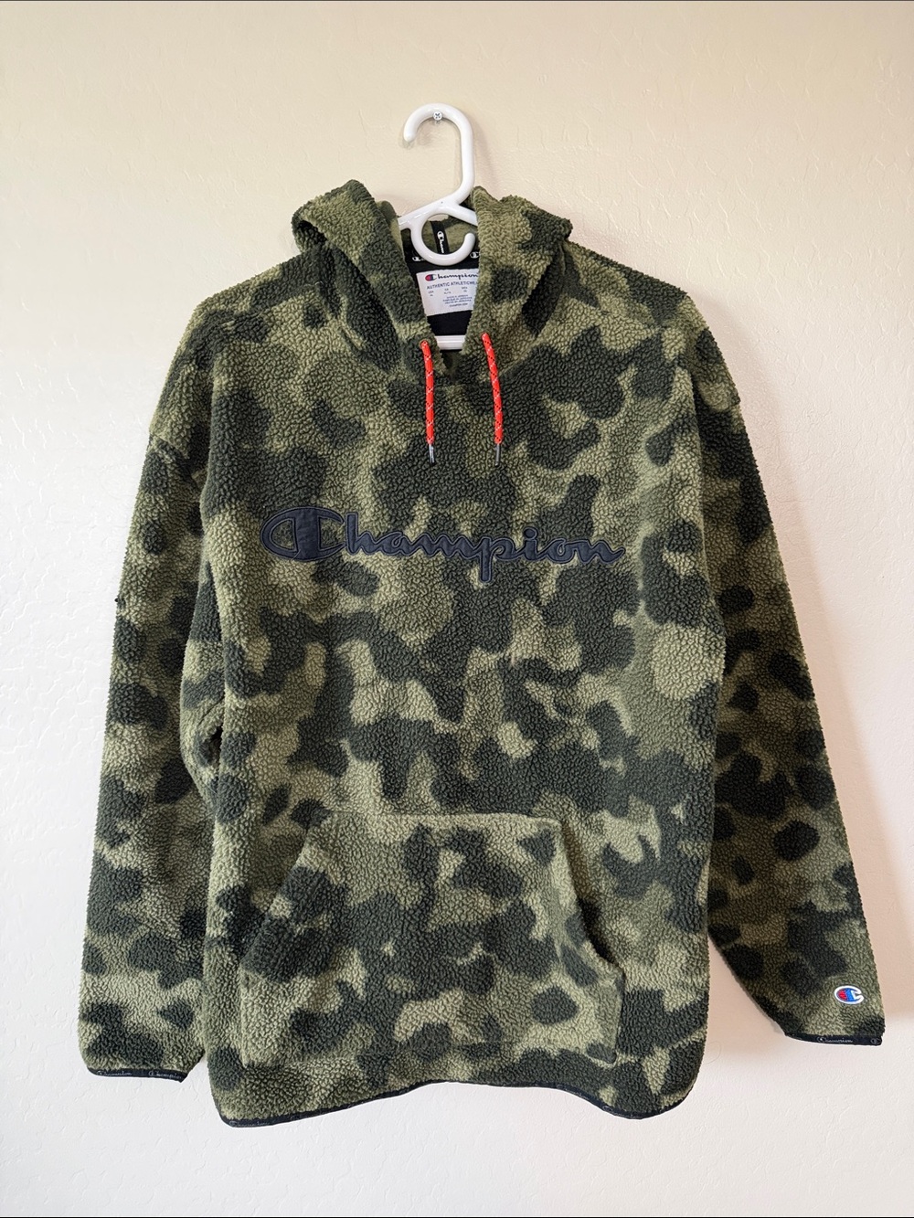 Champion Olive Camo Sherpa Crewneck Hoodie with Red Drawstrings